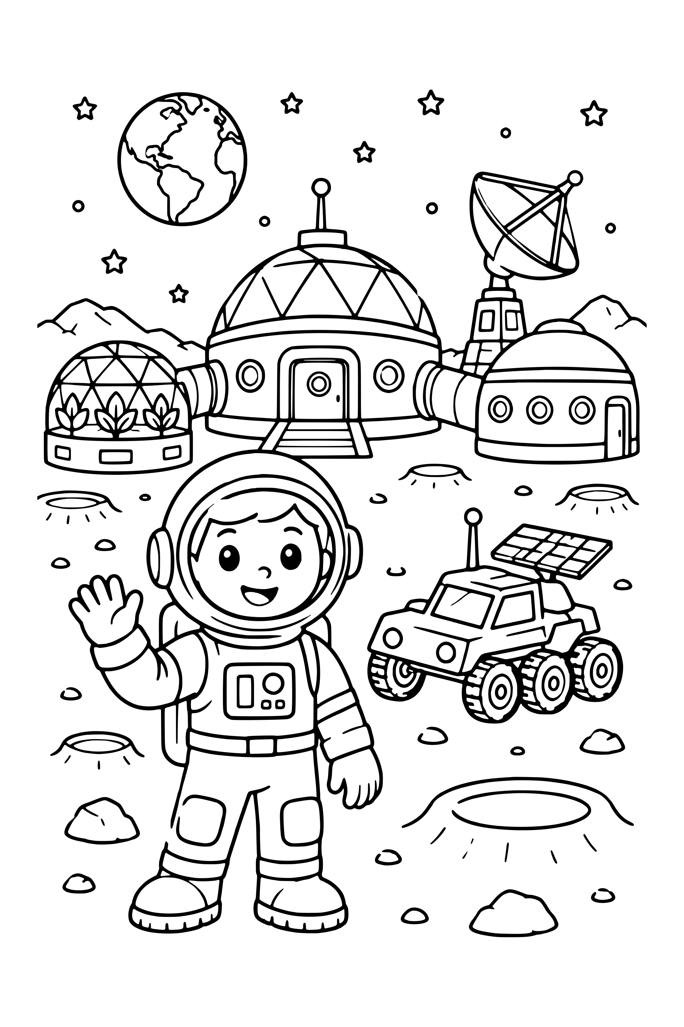 Coloring page of a moon base with connected domes, a rover, an antenna and an astronaut