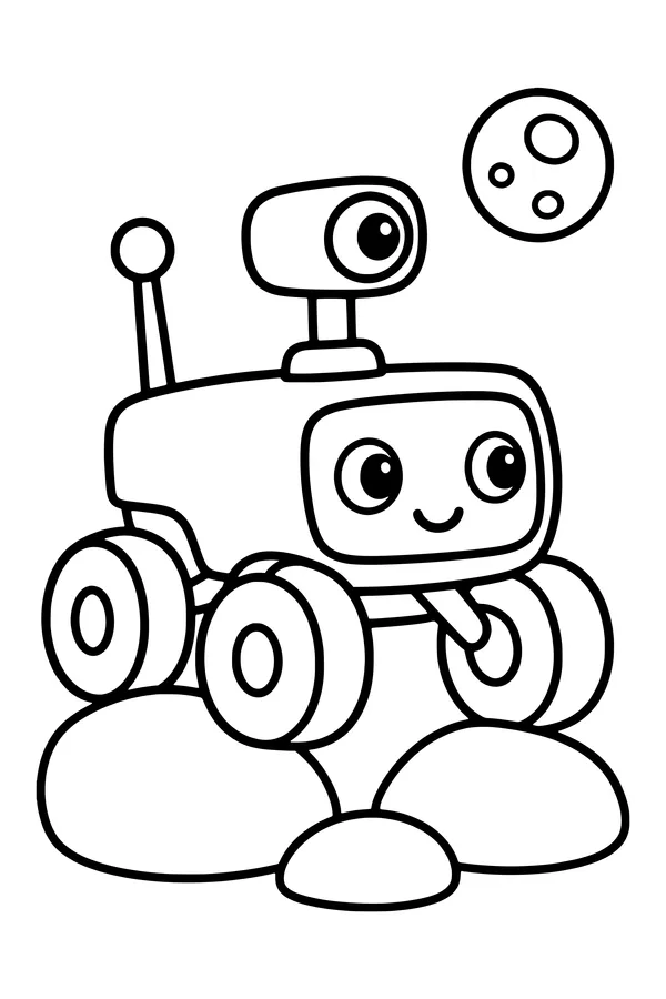 Coloring page of a small wheeled moon rover crossing a few rounded lunar rocks