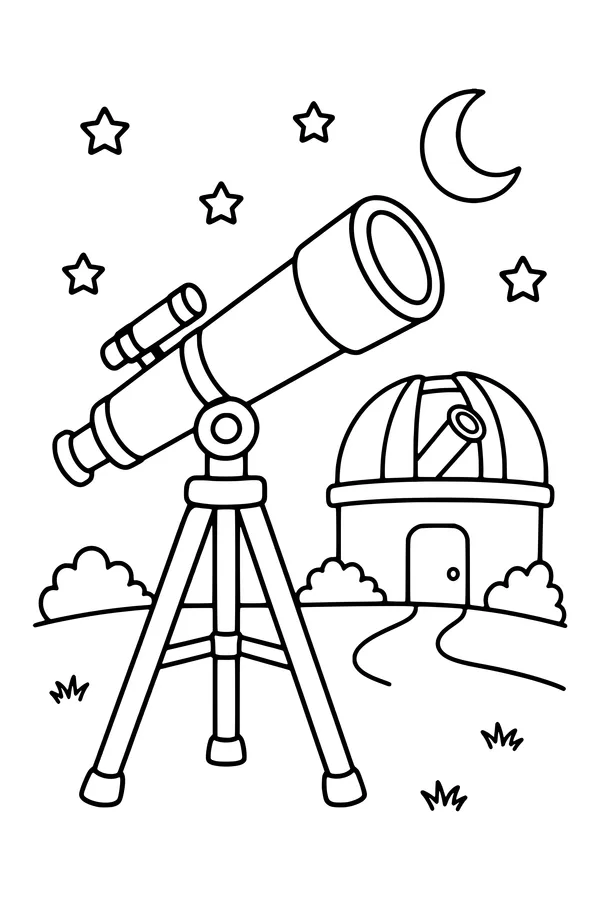 Coloring page of a large telescope beside a small domed observatory under stars