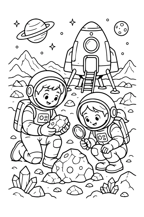 Coloring page of two astronauts examining rocks beside their landed spacecraft in an imagined rocky landscape