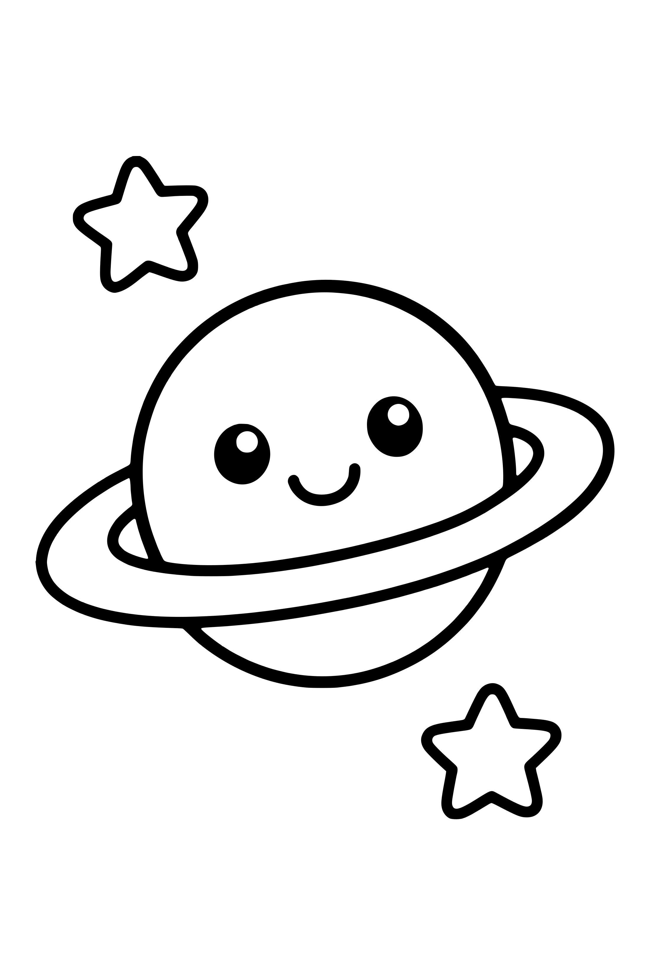 Coloring page of a large ringed planet with a few small stars around it
