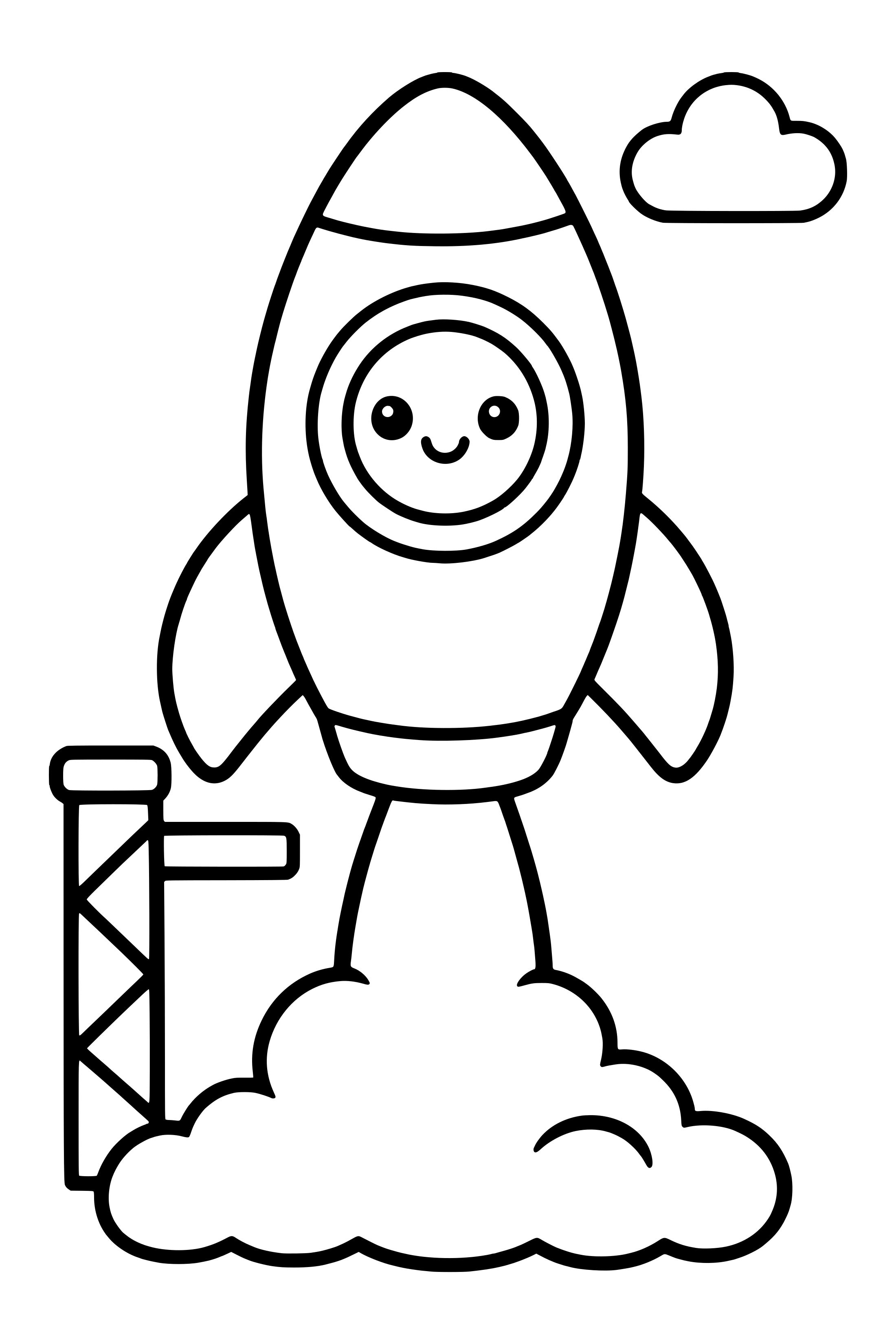 Coloring page of a chunky rocket lifting from a launch pad with soft puffs of smoke