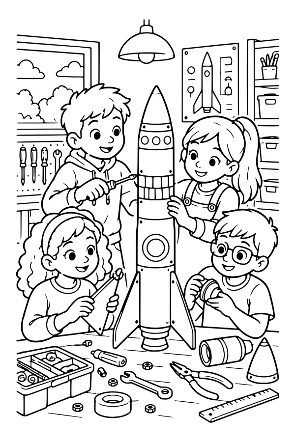 Coloring page of a team of children assembling a model rocket at a workshop table with tools