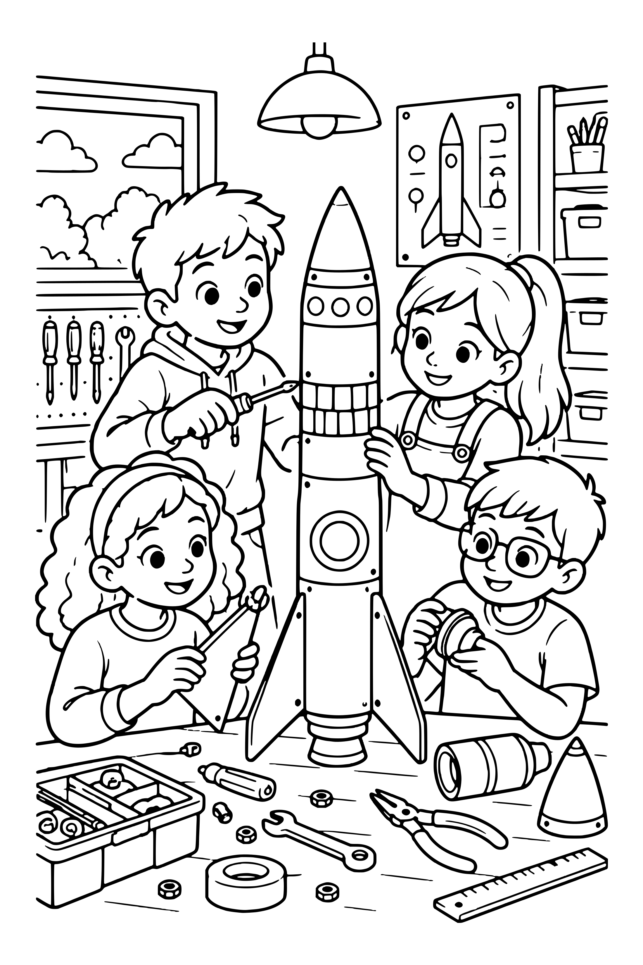 Coloring page of a team of children assembling a model rocket at a workshop table with tools