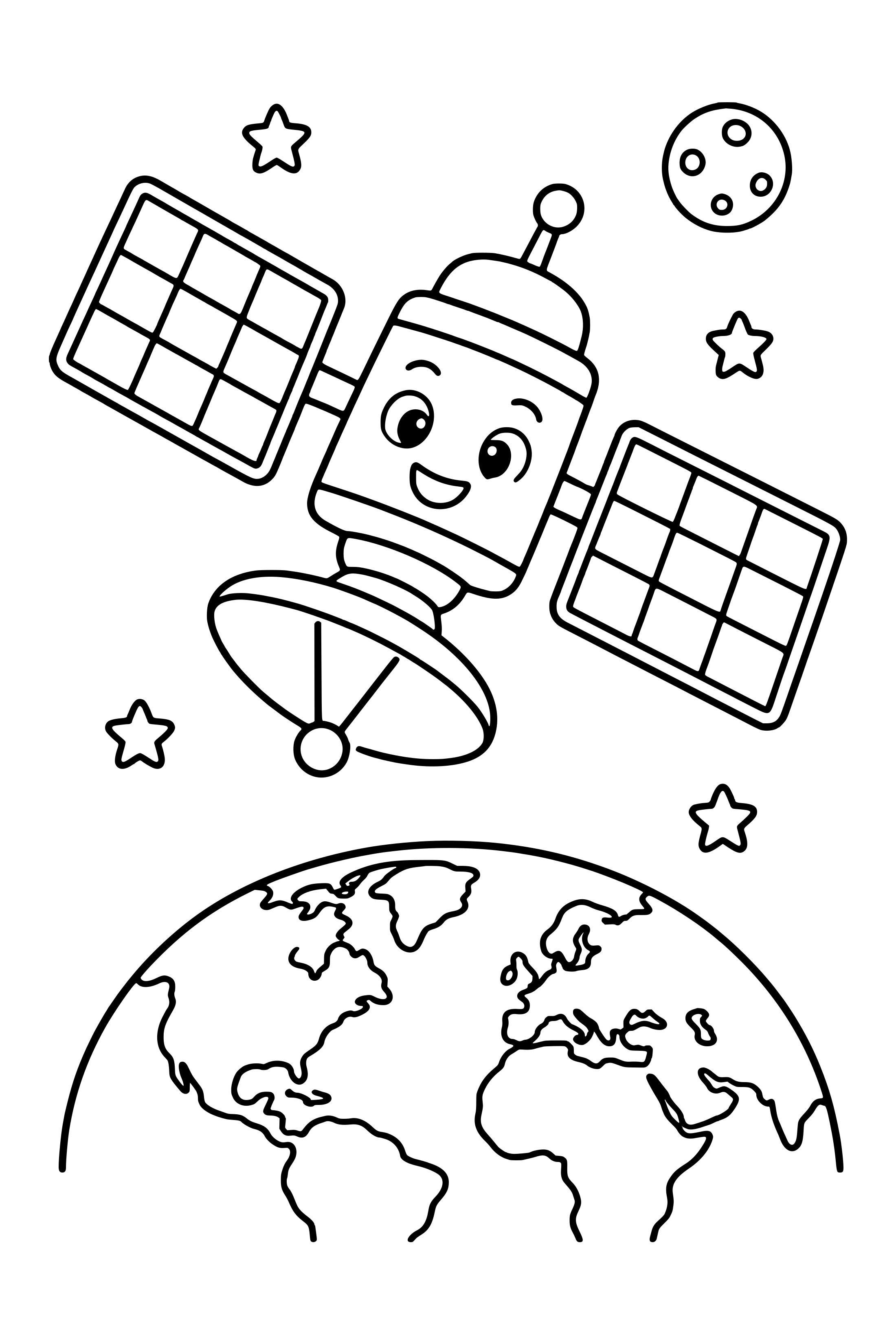 Coloring page of a satellite with broad solar panels orbiting above a curved Earth