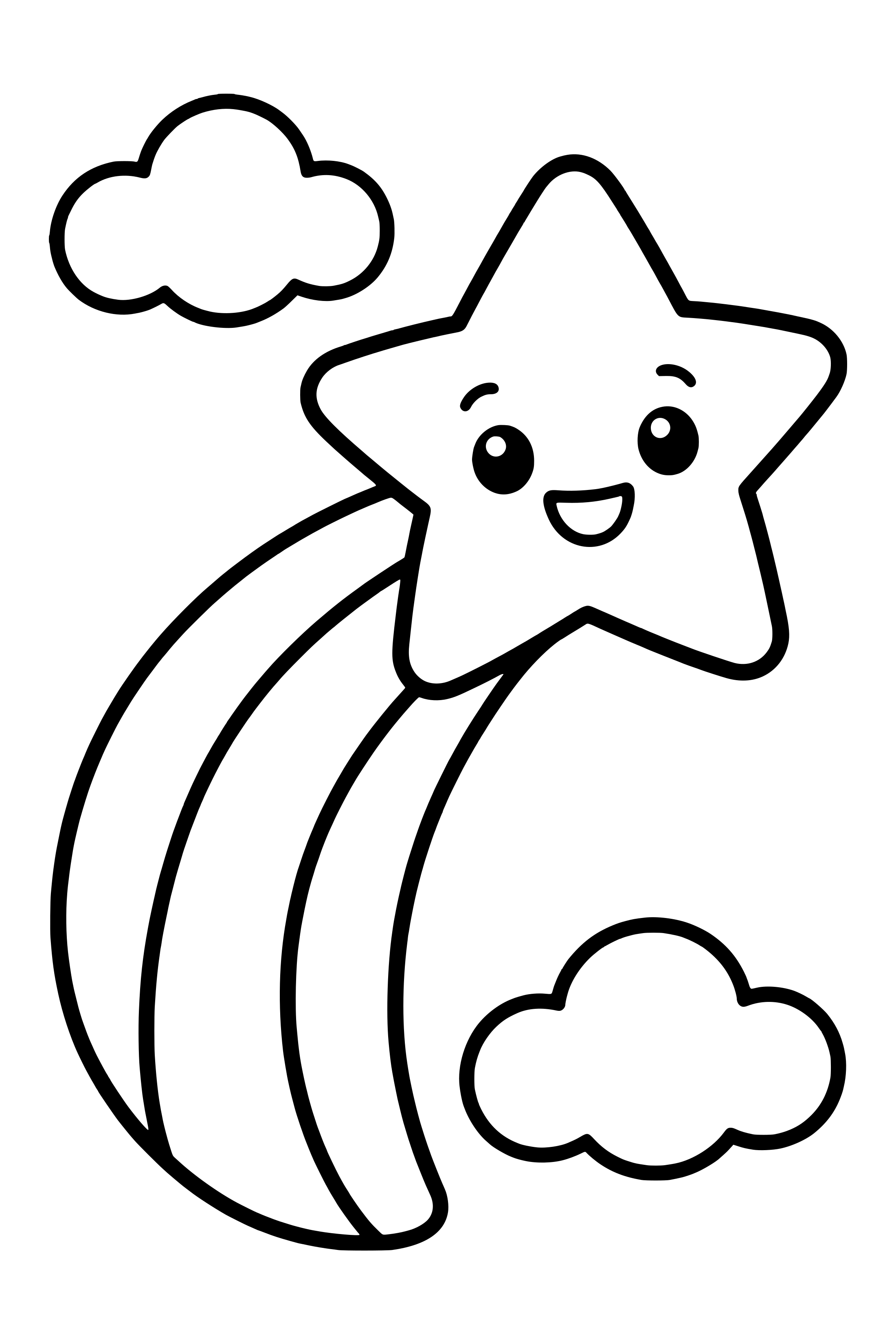 Coloring page of a large five-pointed star with a broad curved trail and a few clouds