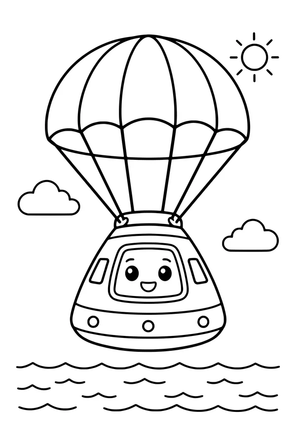 Coloring page of a rounded space capsule descending under a broad parachute above the ocean