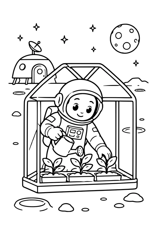 Coloring page of an astronaut tending seedlings inside a small clear greenhouse on a moon base