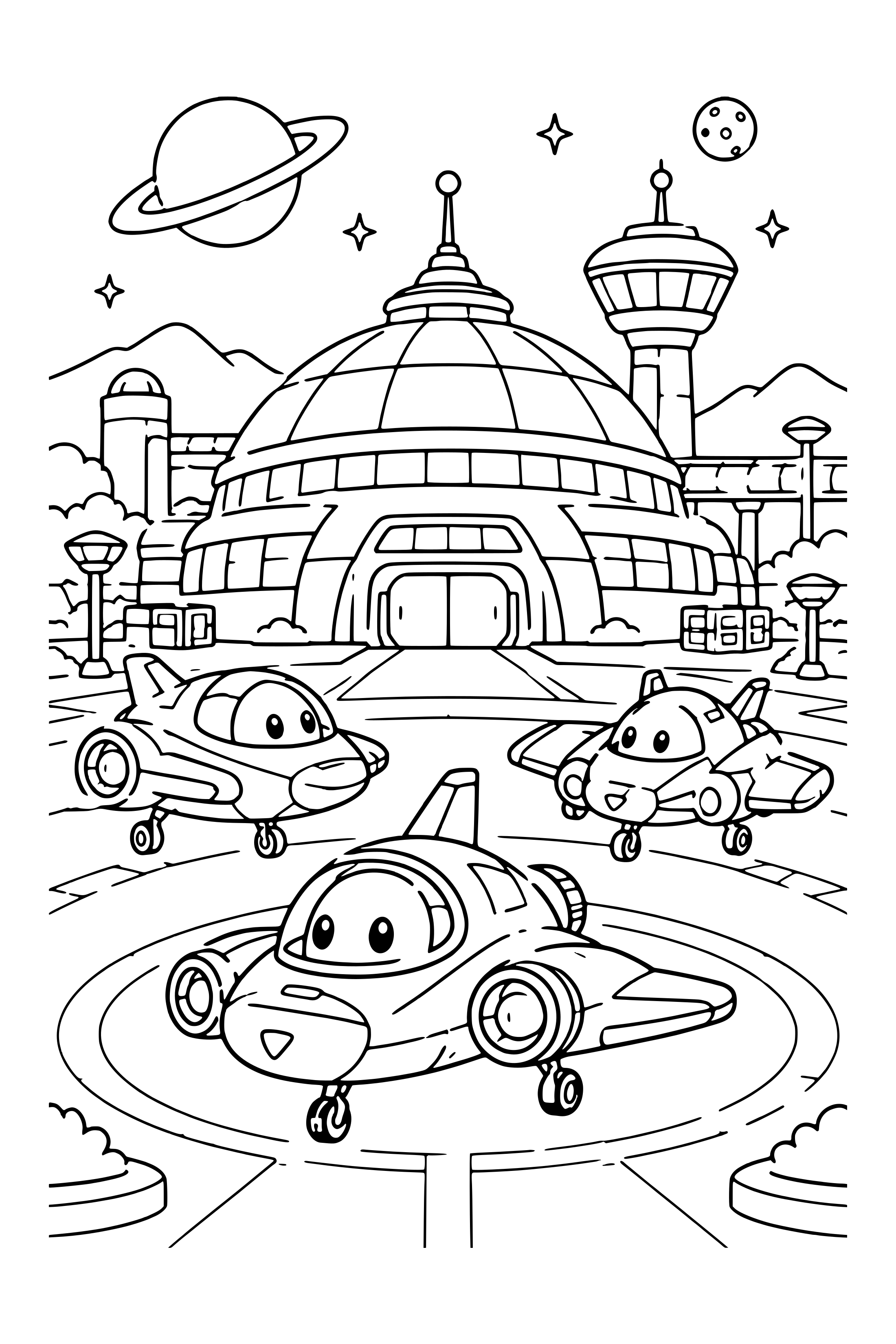 Coloring page of a peaceful futuristic space port with three small original spacecraft and a domed terminal