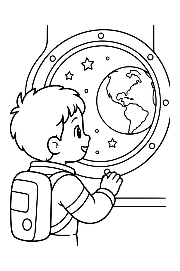 Coloring page of a child looking through a round space station window at Earth and stars