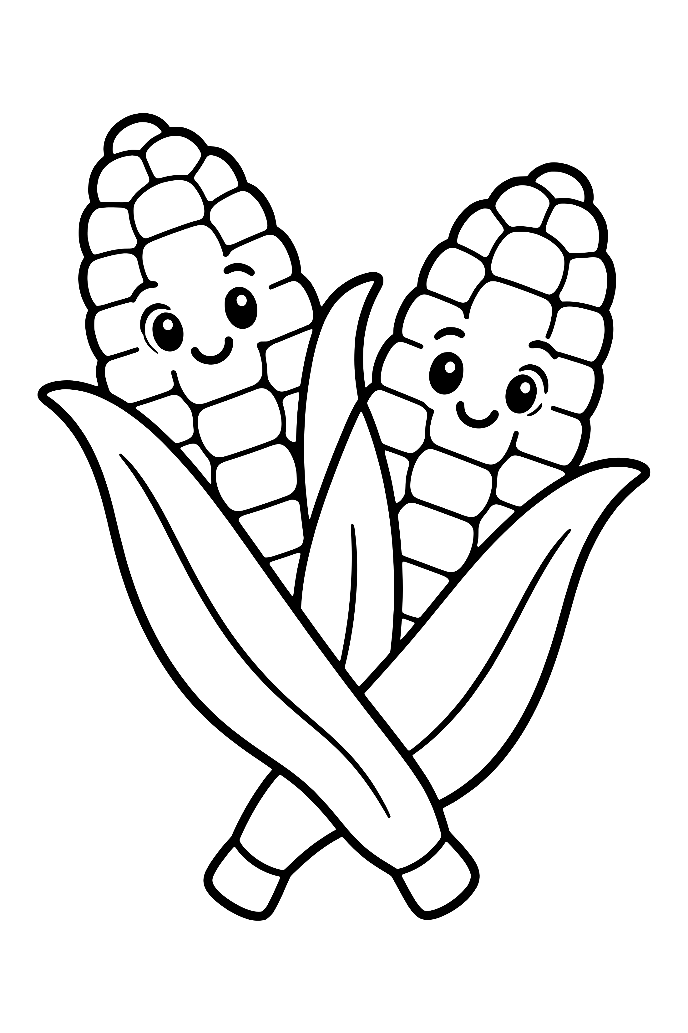 Coloring page of two ears of corn with their husks peeled back
