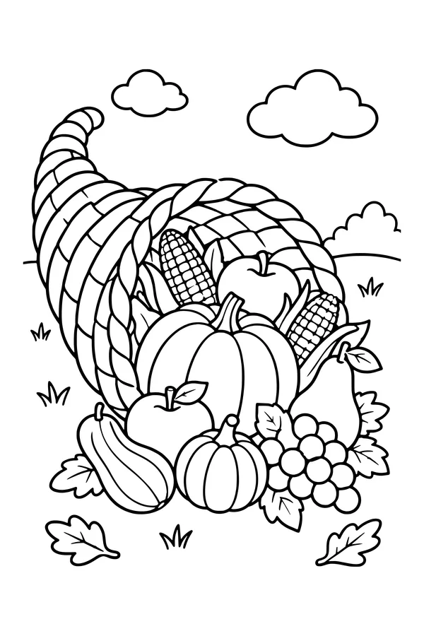 Coloring page of a woven cornucopia overflowing with pumpkins, apples, grapes and corn