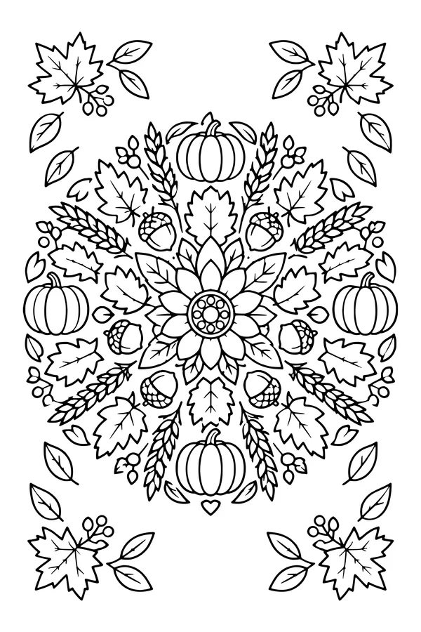 Coloring page of a round mandala made of autumn leaves, acorns and small pumpkins