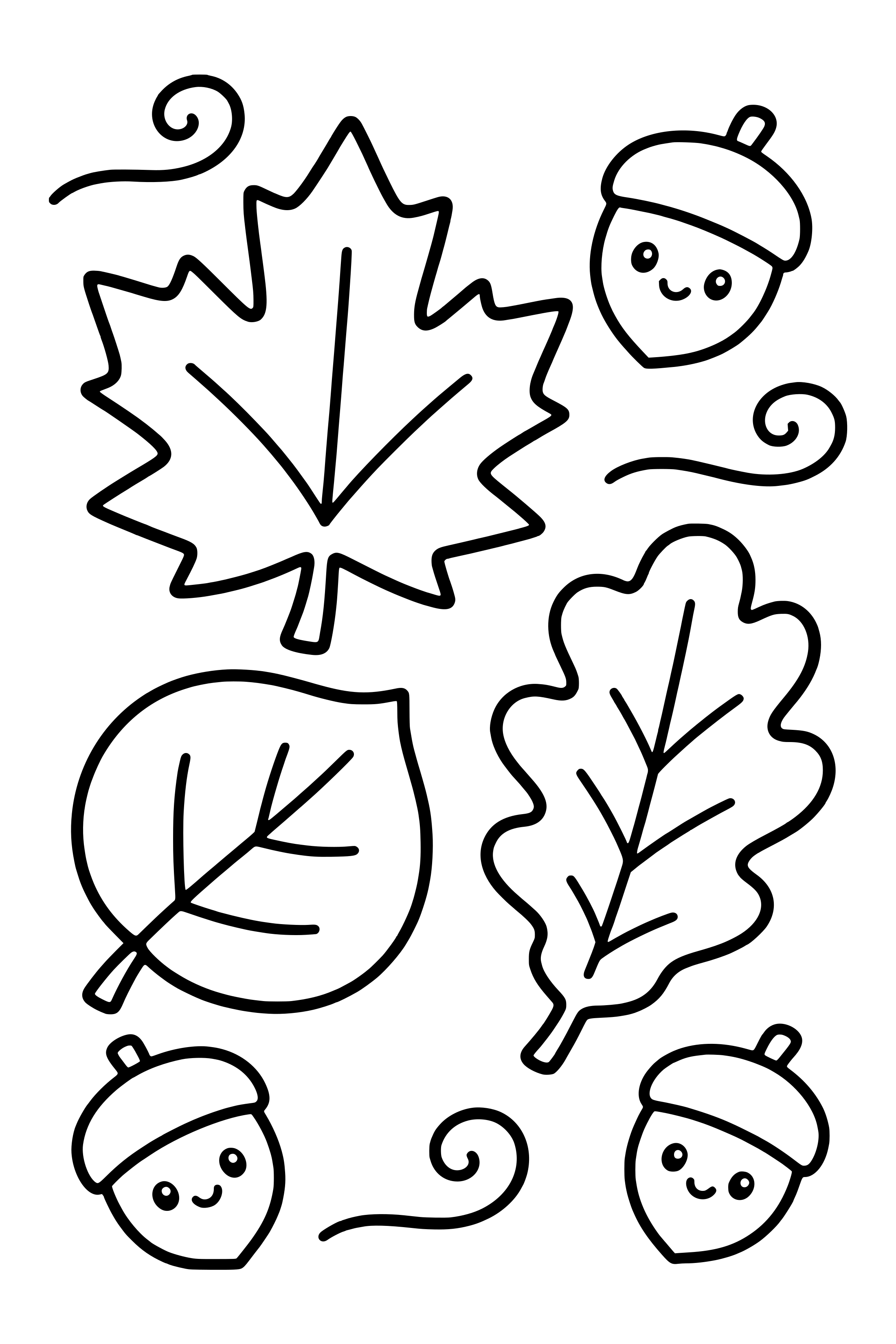 Coloring page of large maple and oak leaves with three acorns
