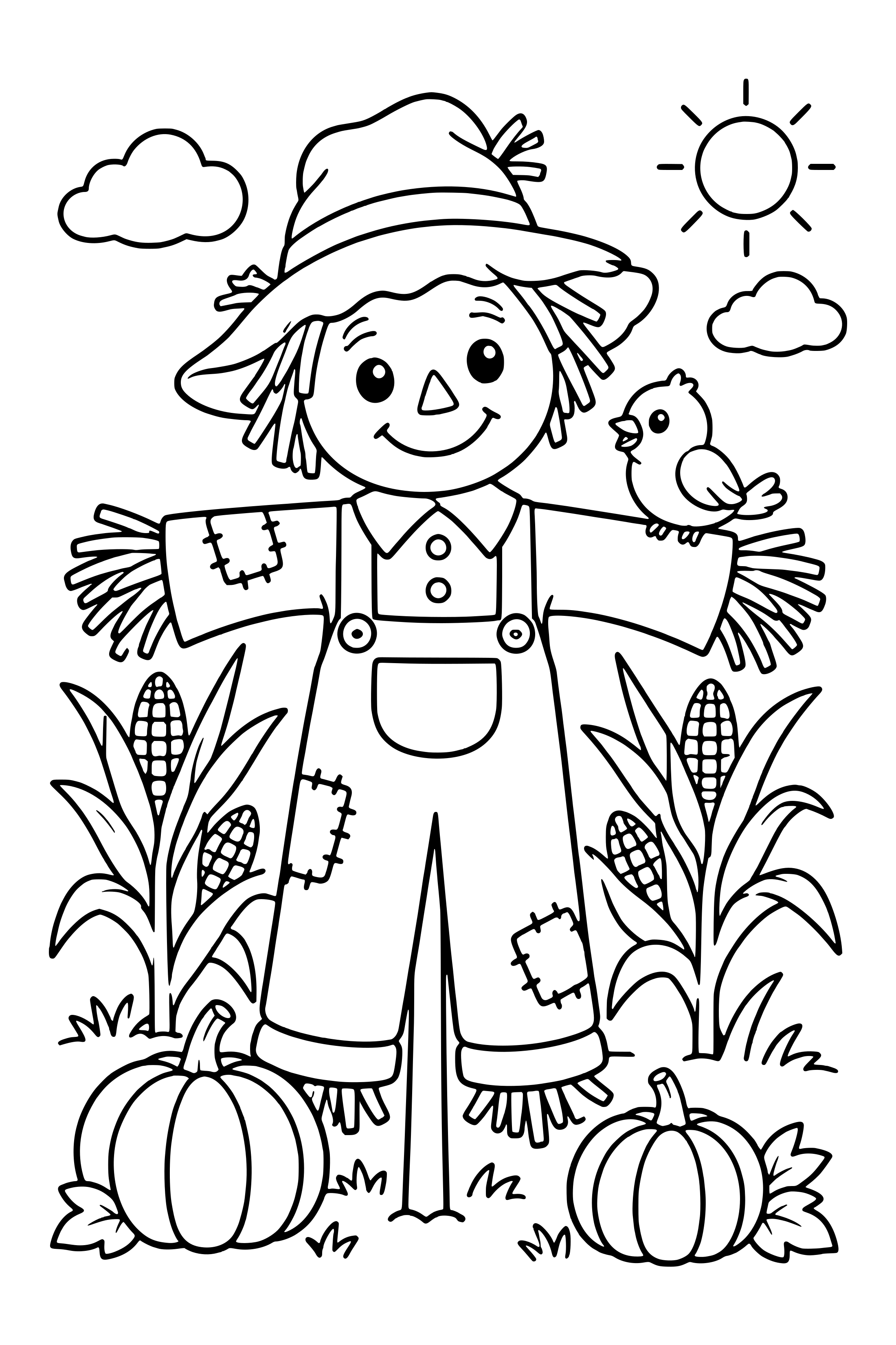 Coloring page of a smiling scarecrow in a straw hat standing in a corn field