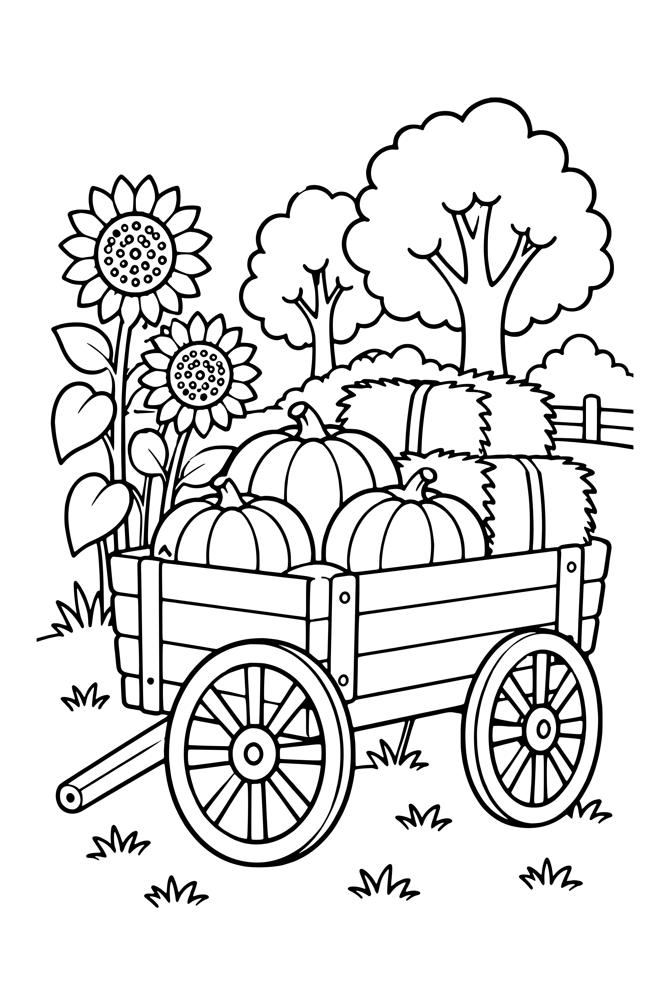 Coloring page of a wooden farm wagon loaded with pumpkins and hay bales next to sunflowers