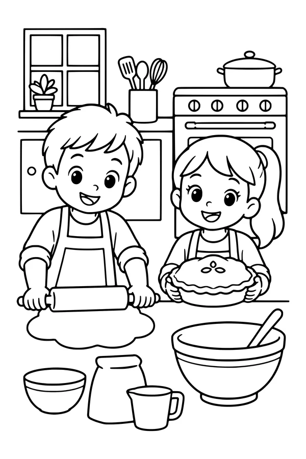 Coloring page of two children in aprons baking a pumpkin pie in a kitchen