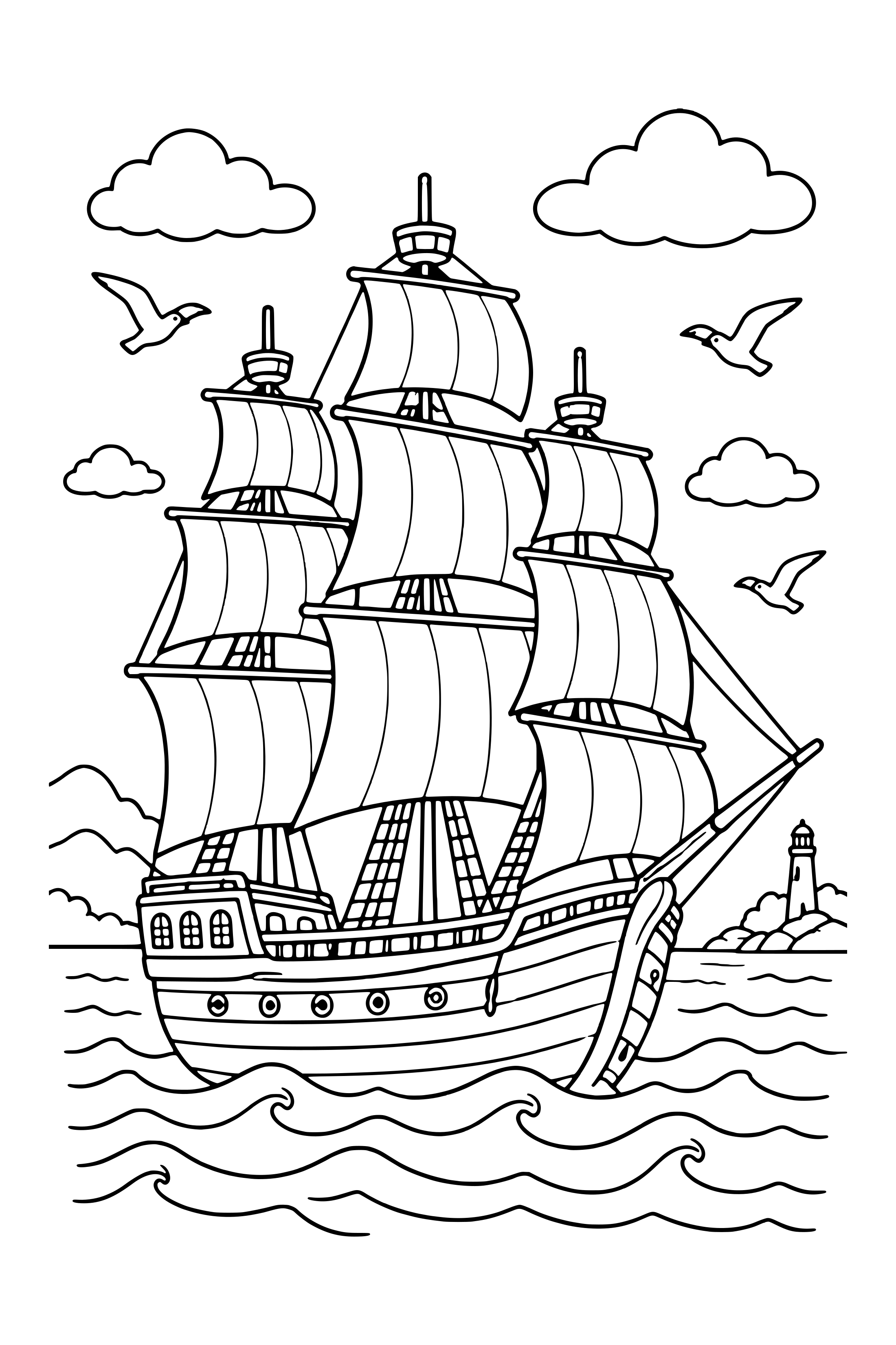 Coloring page of a three-masted wooden sailing ship like the Mayflower on ocean waves