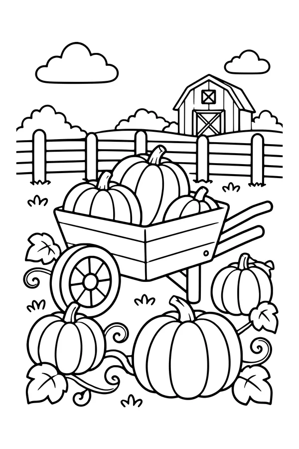 Coloring page of a pumpkin patch with pumpkins on vines, a wheelbarrow and a barn