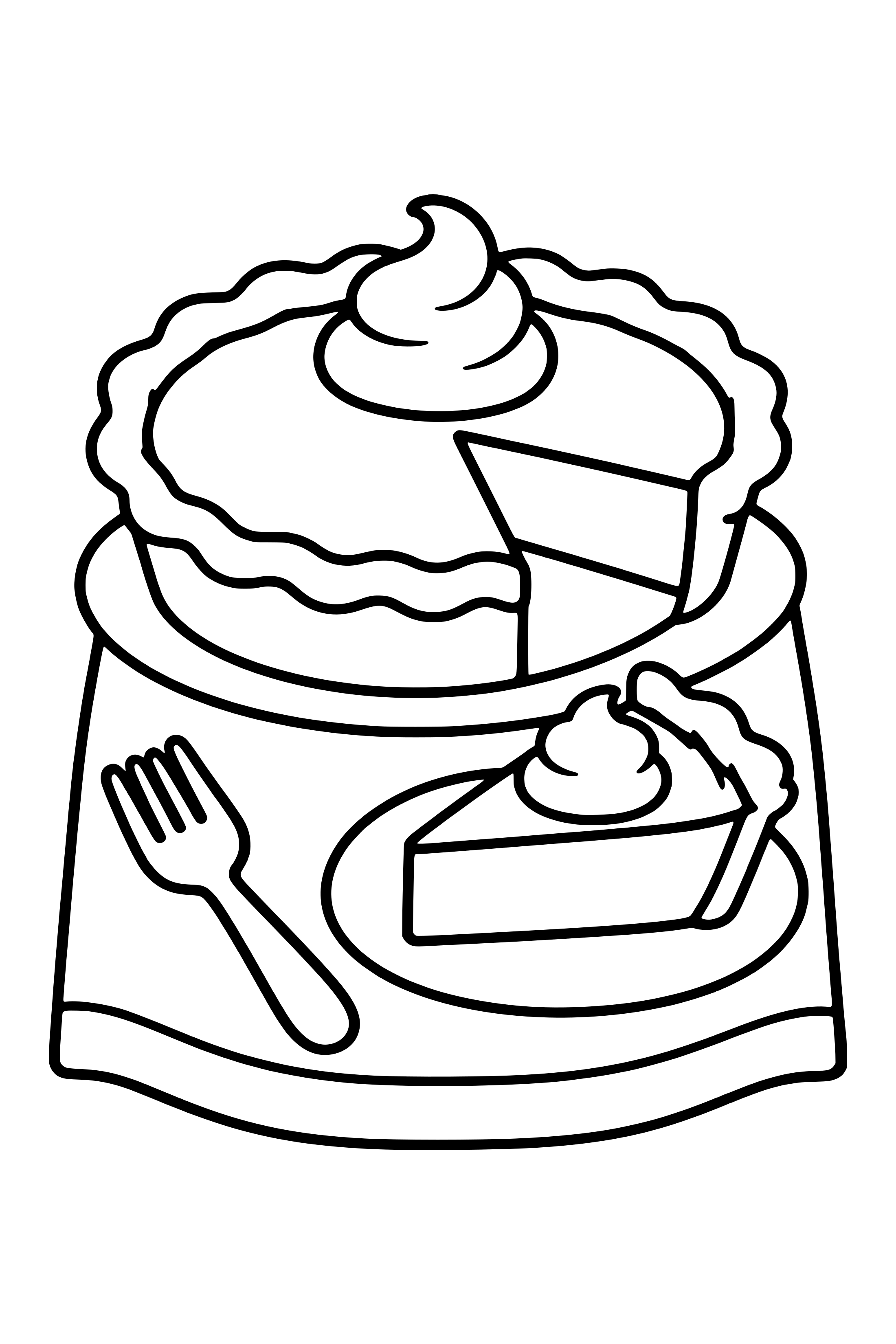 Coloring page of a pumpkin pie with whipped cream and a missing slice, with the slice on a plate beside a fork