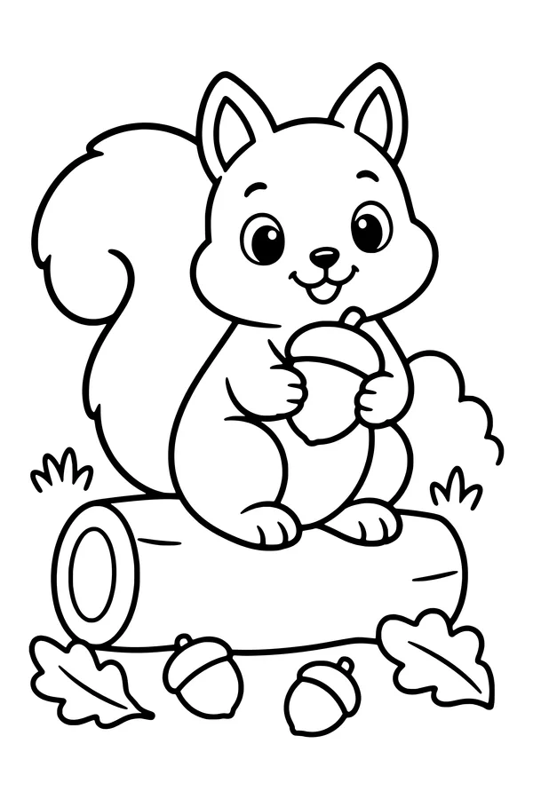 Coloring page of a cute squirrel holding an acorn while sitting on a log