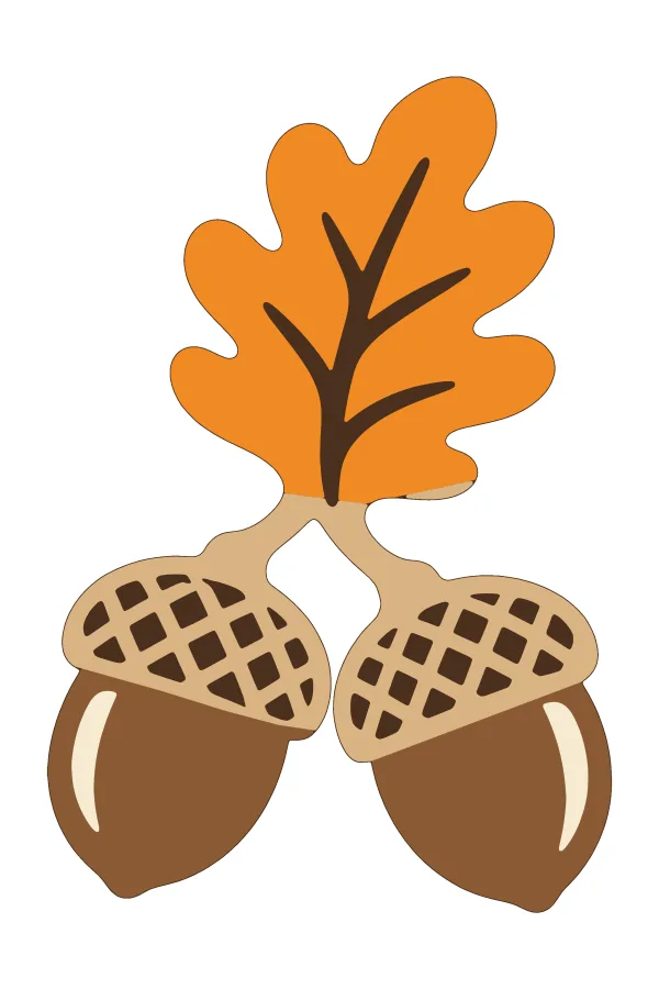 Acorn and oak leaf layered SVG in dark brown base, orange, brown, tan and cream