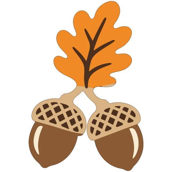 Acorn and oak leaf layered SVG in 5 colors: dark brown base, orange, brown, tan and cream