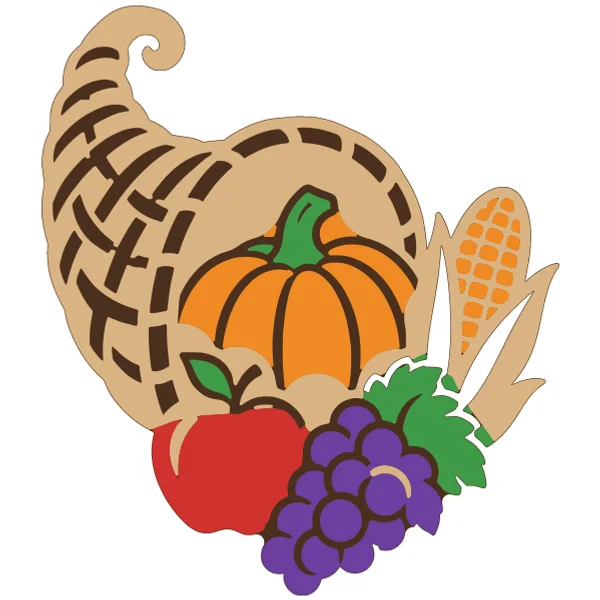 Cornucopia layered SVG in 6 colors: dark brown base, tan, orange, purple, red and green