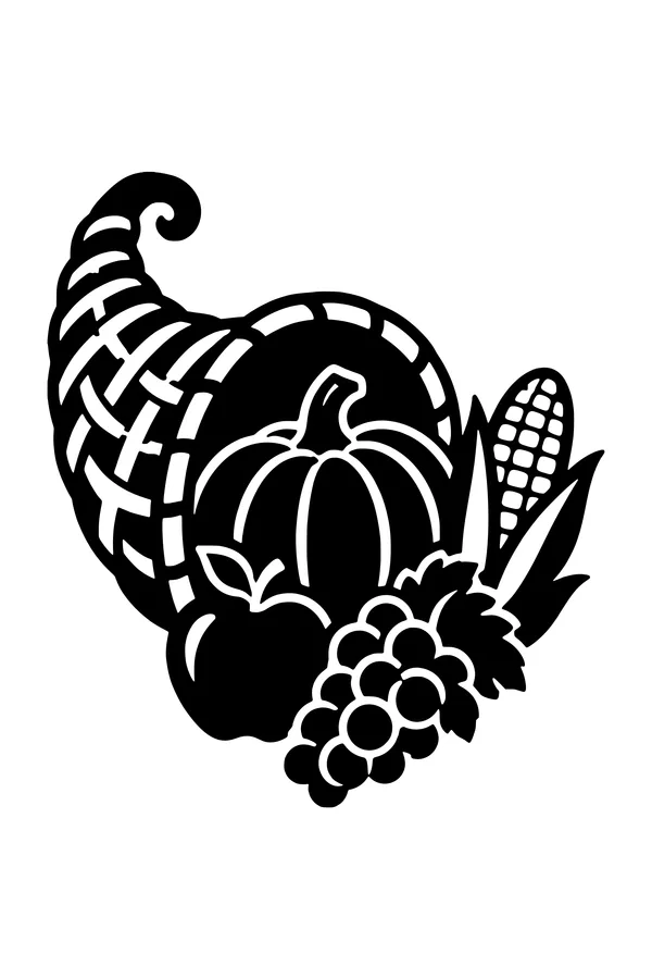 Cornucopia SVG cut file spilling a pumpkin, apple, grapes and corn