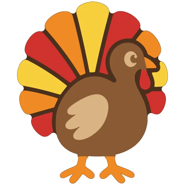 Turkey layered SVG in 6 colors: dark brown base, brown, orange, red, yellow and tan