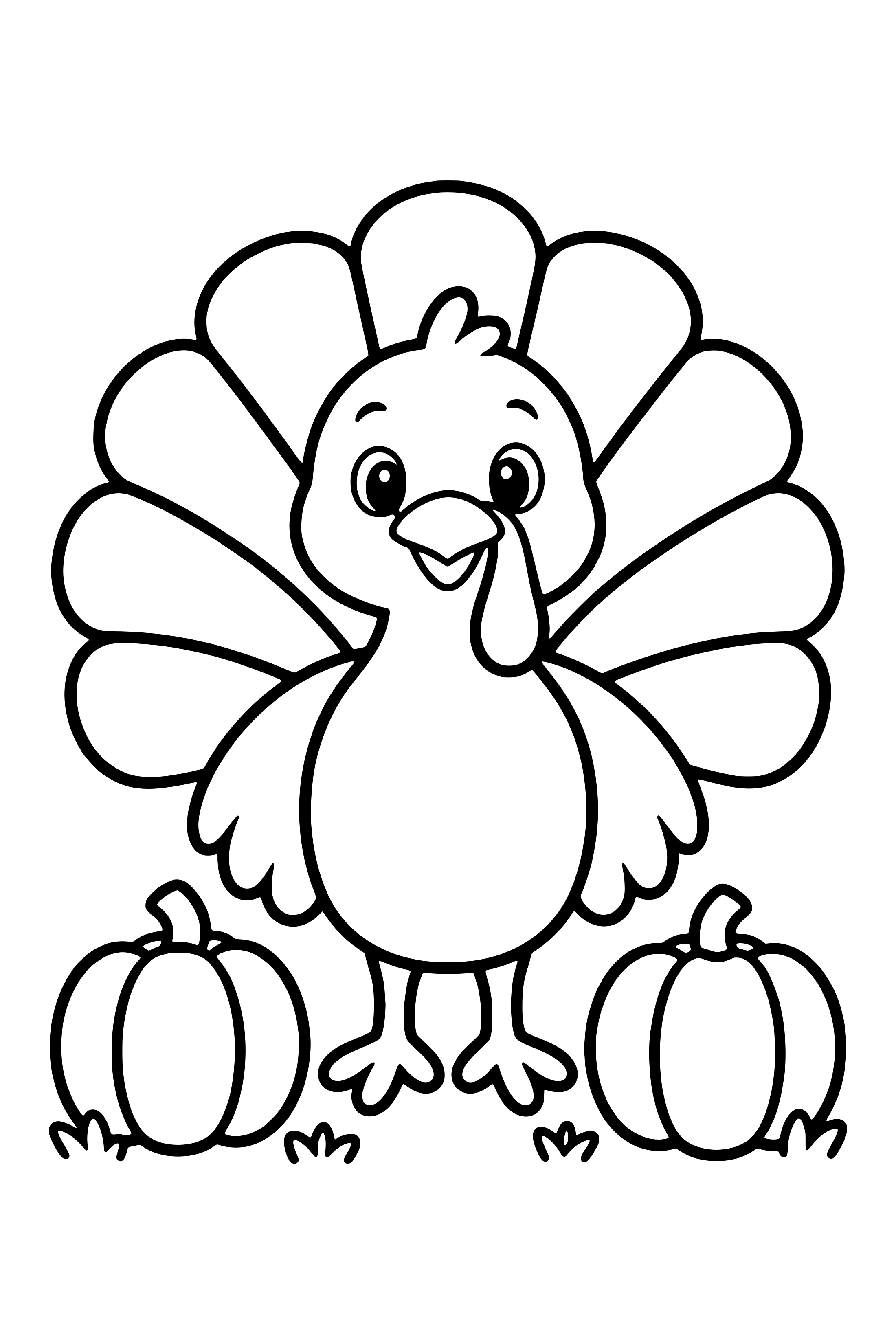Coloring page of a smiling turkey standing between two pumpkins