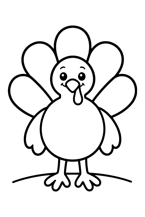 Coloring page of a simple round turkey with five big tail feathers
