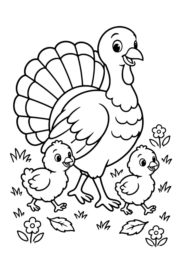 Coloring page of a mother turkey walking with two fluffy baby turkeys
