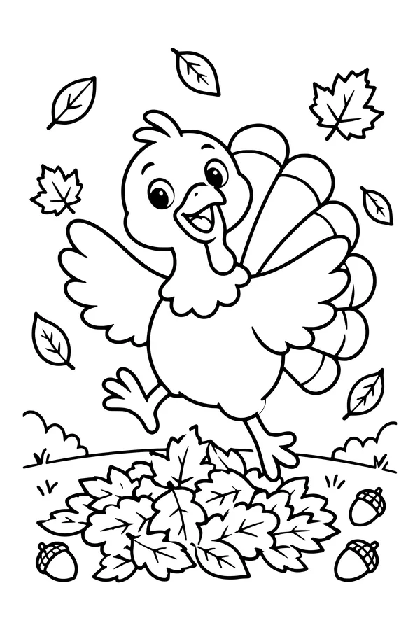 Coloring page of a cute turkey jumping in a pile of autumn leaves