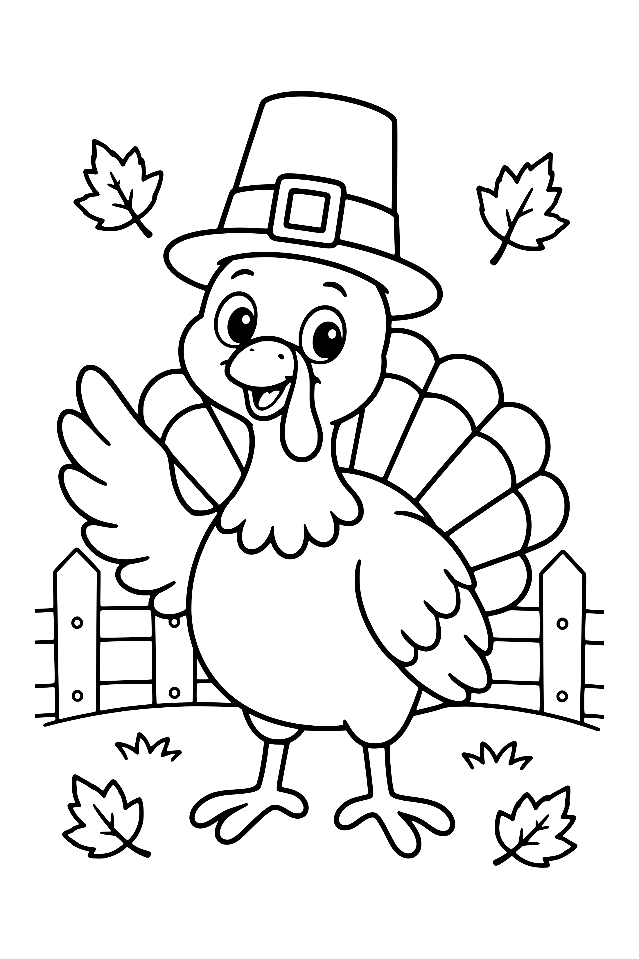 Coloring page of a cheerful turkey wearing a tall pilgrim hat with a buckle