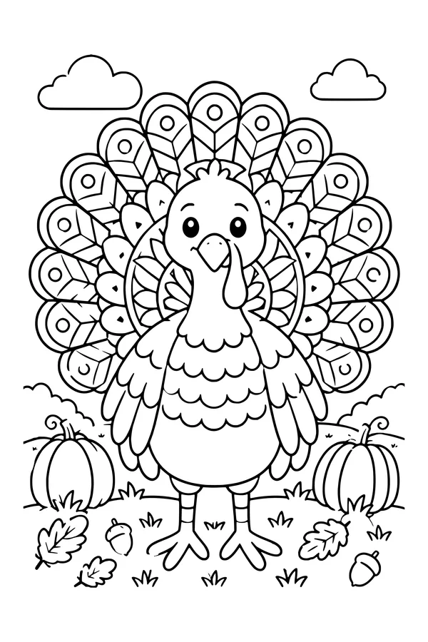 Coloring page of a turkey with a detailed mandala pattern in its round tail fan