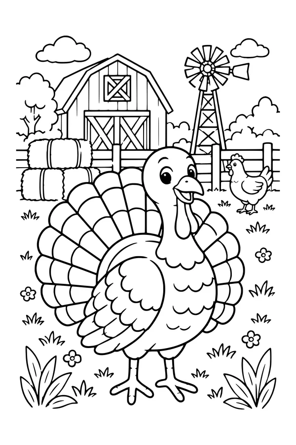 Coloring page of a turkey in a farmyard with a barn, fence, hay bales and a windmill