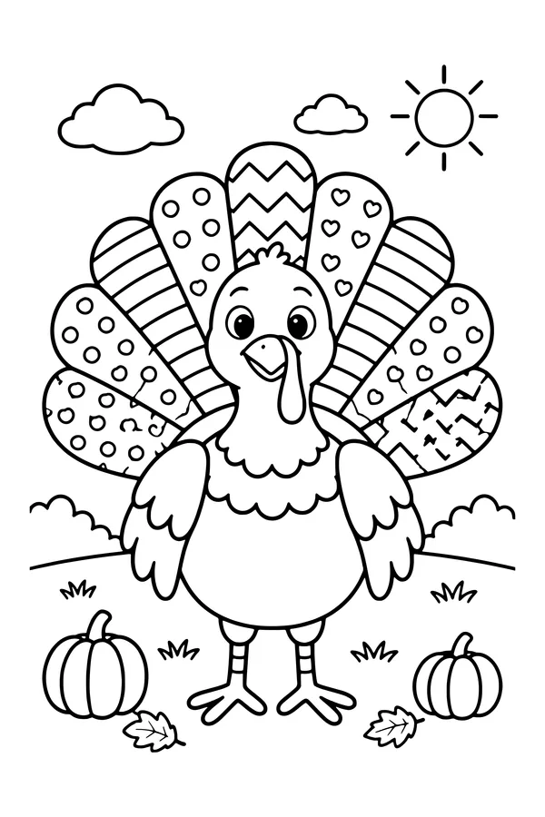Coloring page of a turkey with a big fan of tail feathers, each with its own pattern