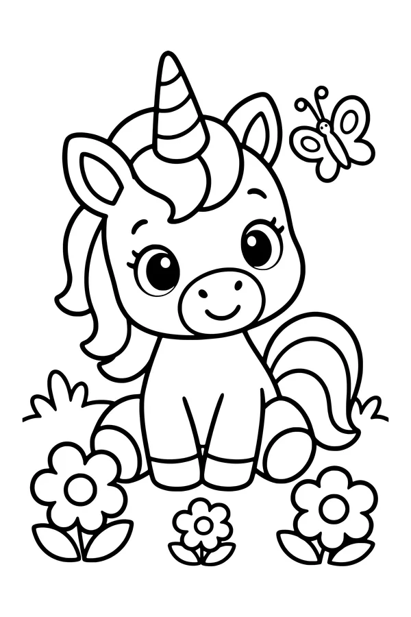 Coloring page of a cute baby unicorn sitting in a flower meadow with a butterfly