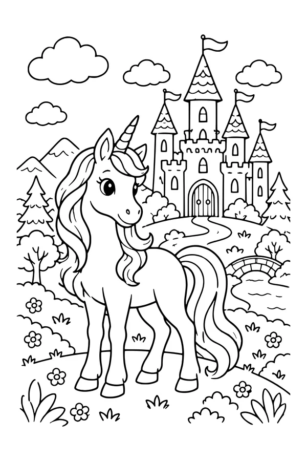 Coloring page of a unicorn on a hill in front of a fairy tale castle with towers