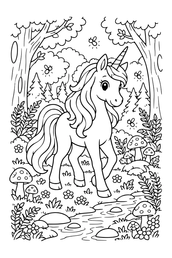 Coloring page of a unicorn in an enchanted forest with mushrooms and a stream