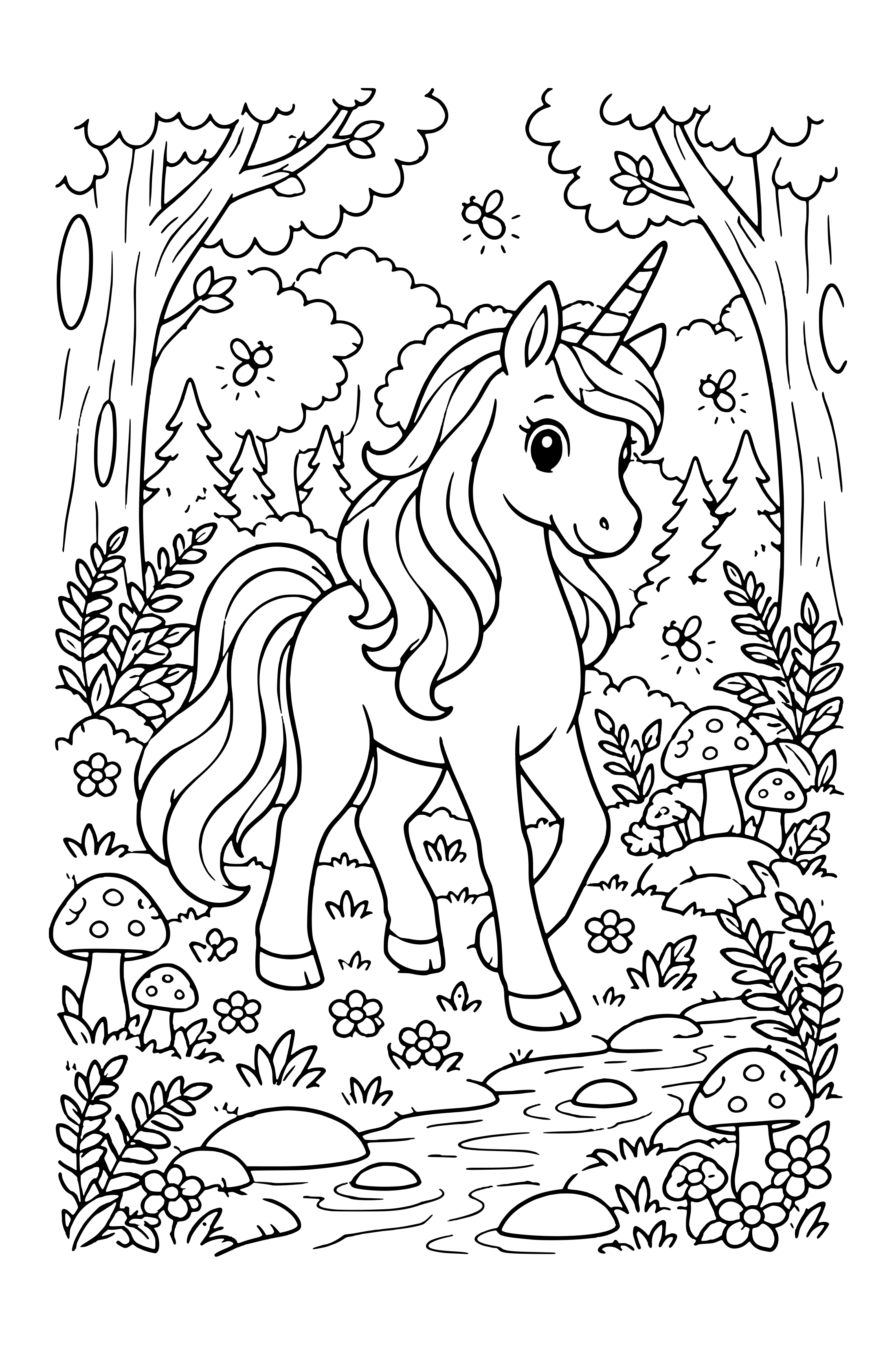 Coloring page of a unicorn in an enchanted forest with mushrooms and a stream