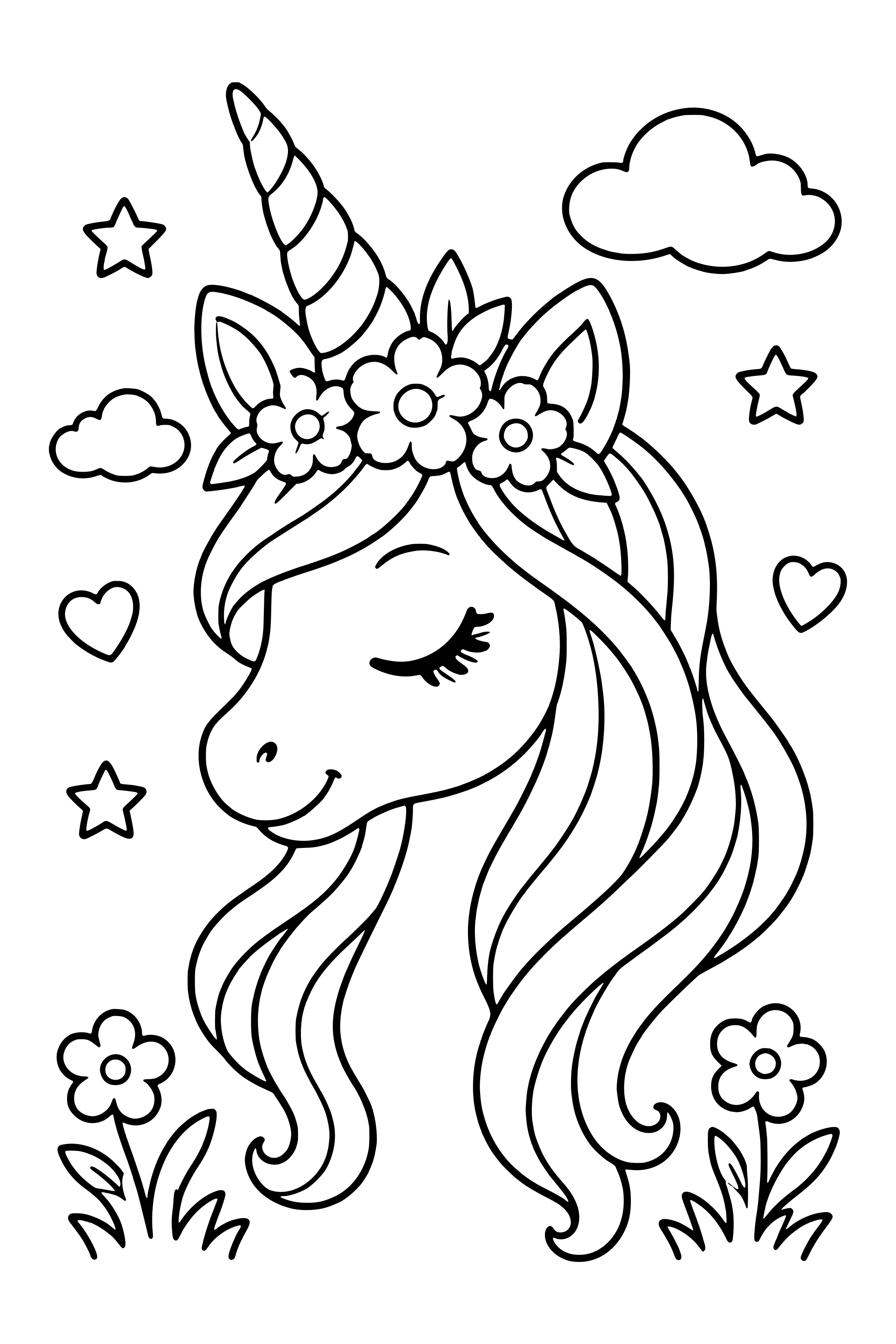 Coloring page of a unicorn head with a spiral horn and a crown of flowers