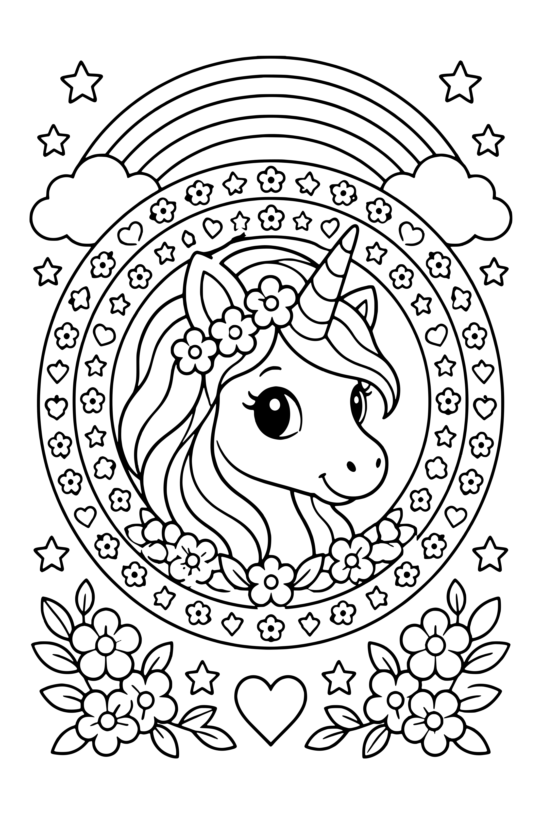 Coloring page of a unicorn head inside a round mandala of flowers and stars