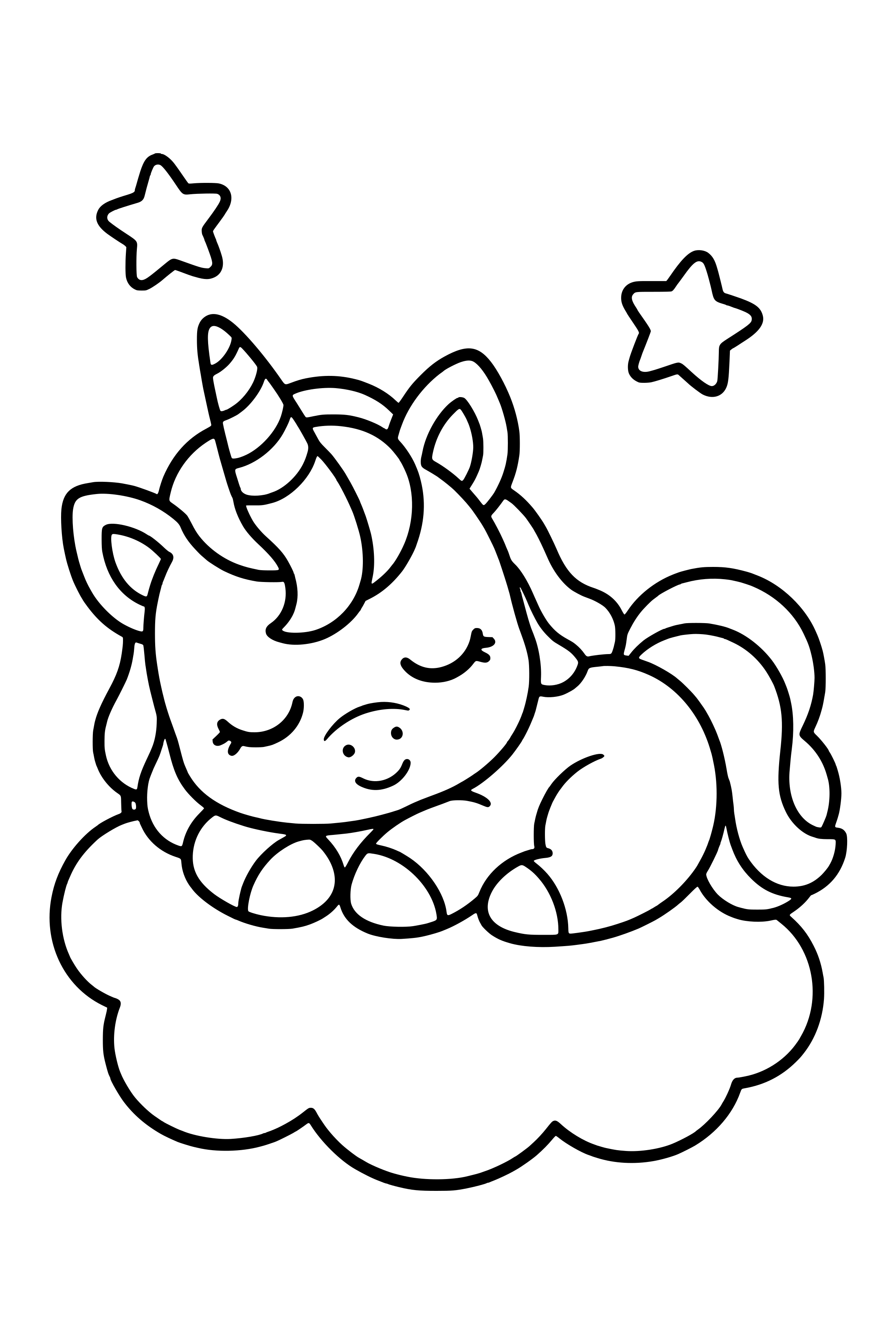 Coloring page of a cute baby unicorn sleeping on a fluffy cloud with stars