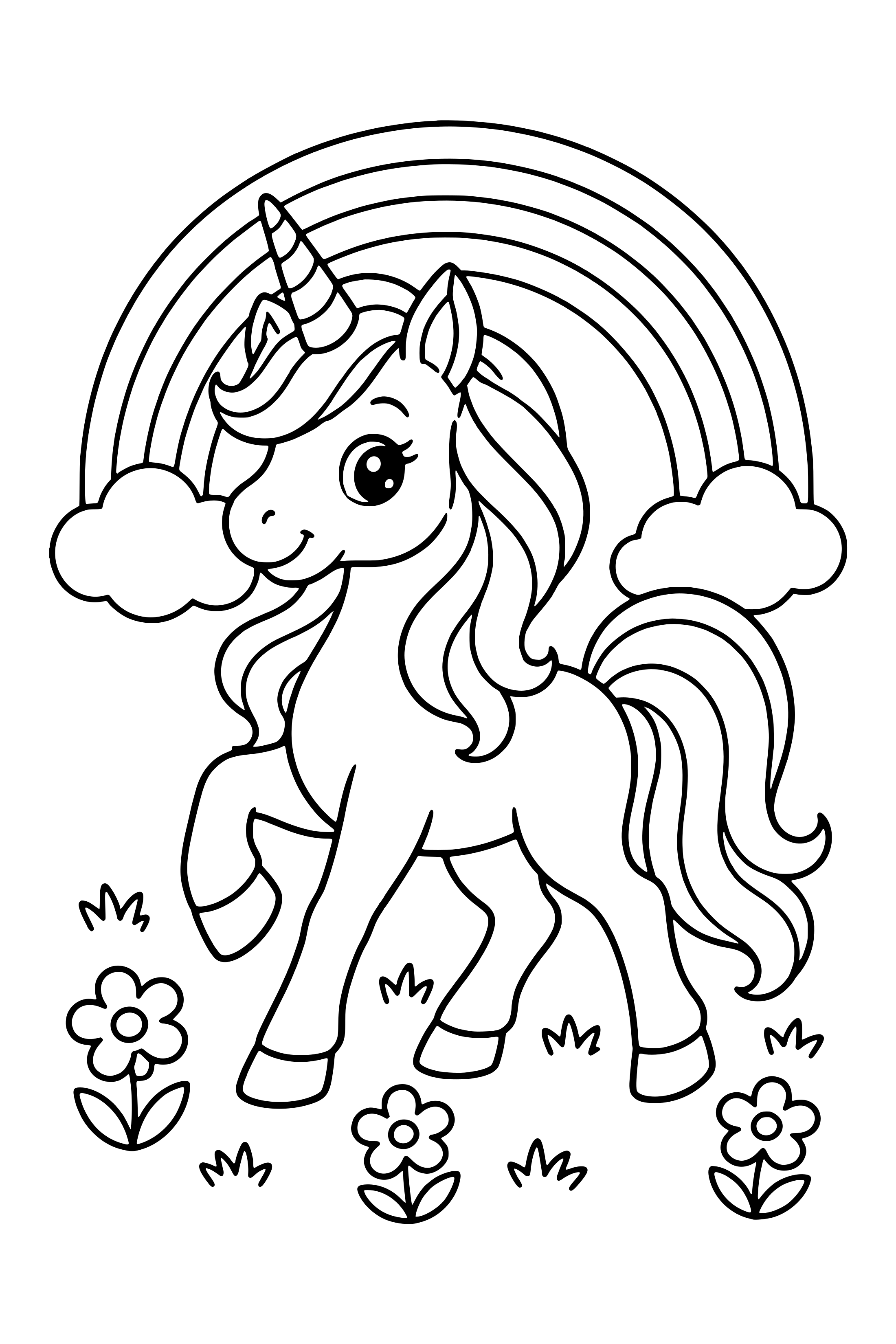 Coloring page of a unicorn prancing in front of a rainbow with clouds and flowers