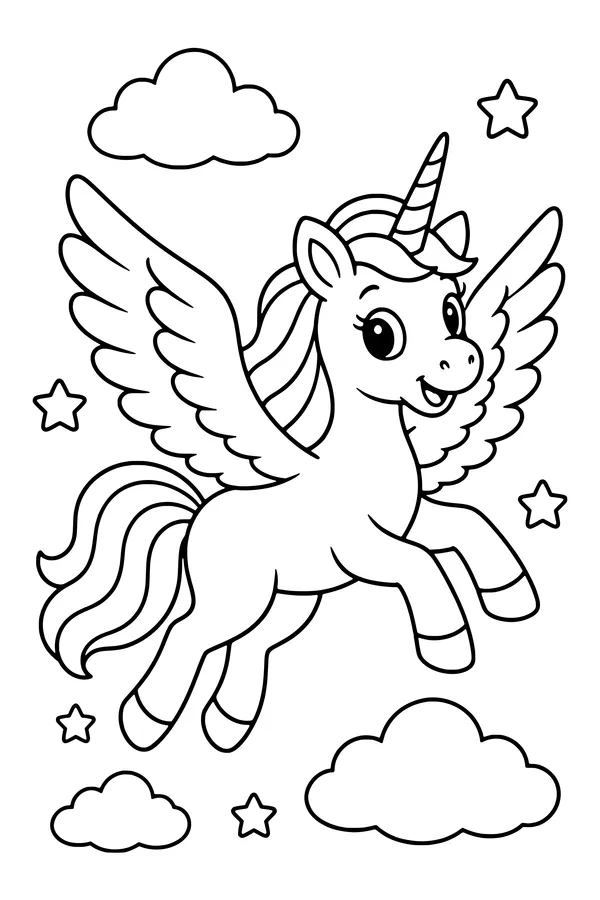Coloring page of a winged unicorn flying among stars and clouds