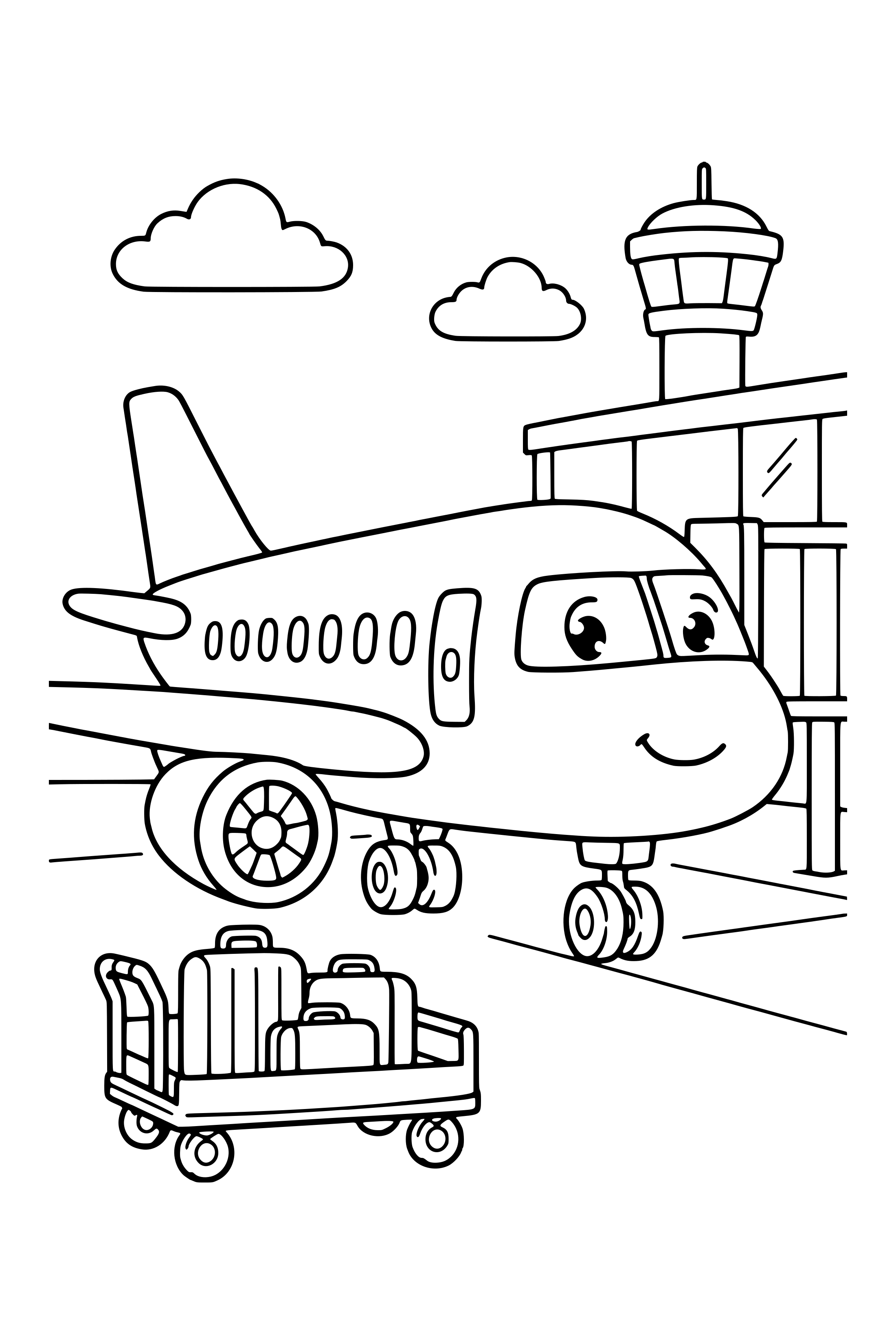 Coloring page of a passenger airplane parked near a terminal with a luggage cart