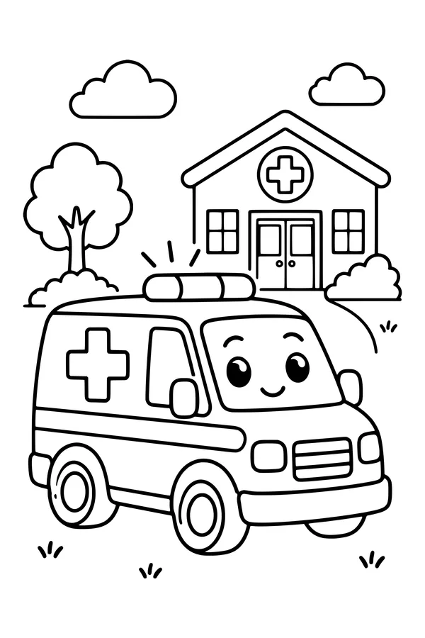 Coloring page of an ambulance with simple medical symbols parked outside a small clinic