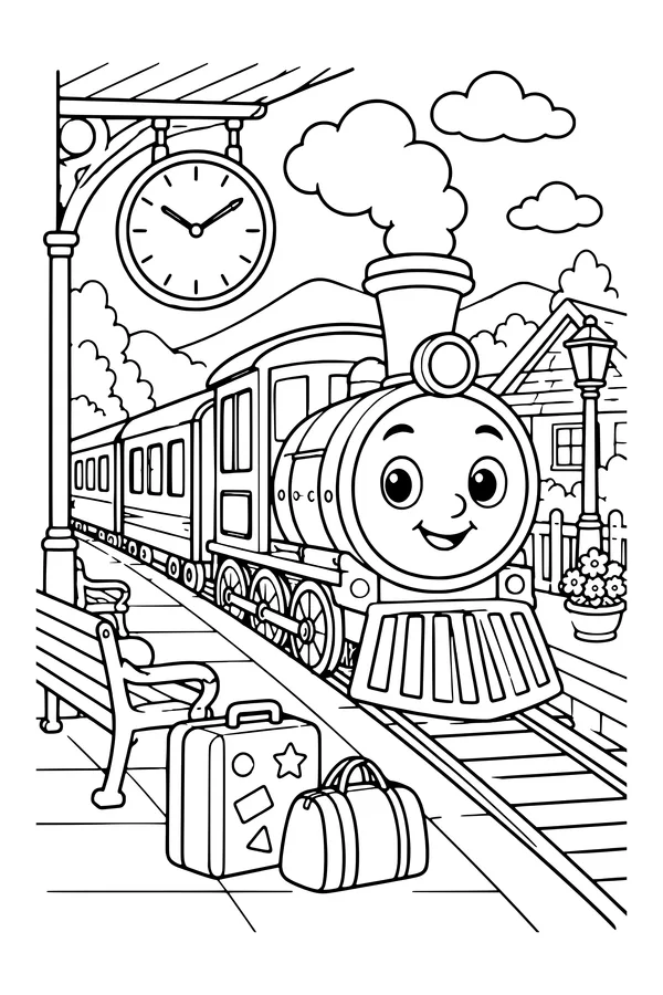 Coloring page of a train at a station with a platform, benches, luggage and a large clock face without numbers